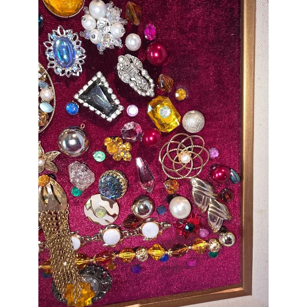 Vintage Costume Jewelry Christmas Tree Framed Art Burgundy Velvet Gilt Frame